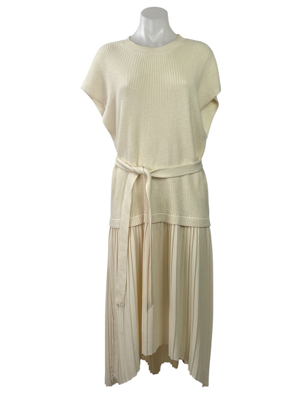 Zara Womens Cream Short Sleeve Ribeed Knit Pleated Maxi A-Line Sweater Dress M
